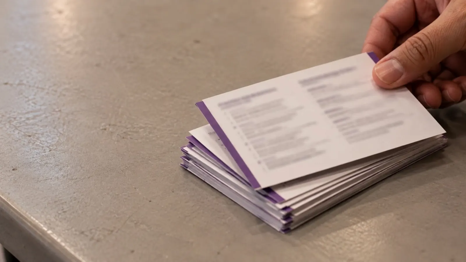 Illustrative: paper cards on a folding table, with an anonymous hand holding the top card
